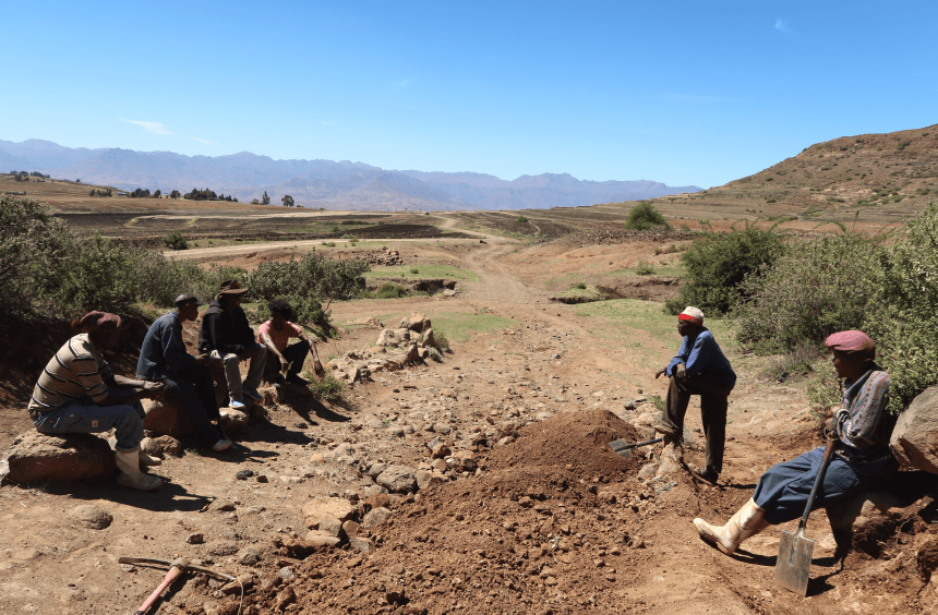 Malealea Development Trust Men's Support Group meets do discuss life skills in the Malealea Mountains, works on anti-erosion projects