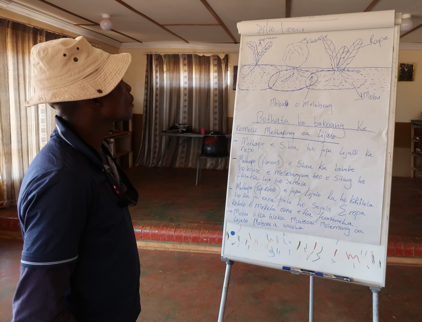 Tsotang Monyane Surveys his Lesson Notes on Permaculture, key-hole garden workshop, efficient farming techniques, crop distribution